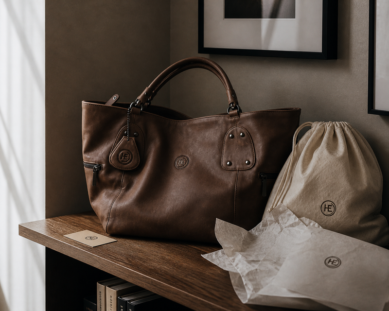 How to store leather bags at home: a brown Hestern leather handbag on a shelf with its dust bag and acid-free tissue, away from direct sunlight.
