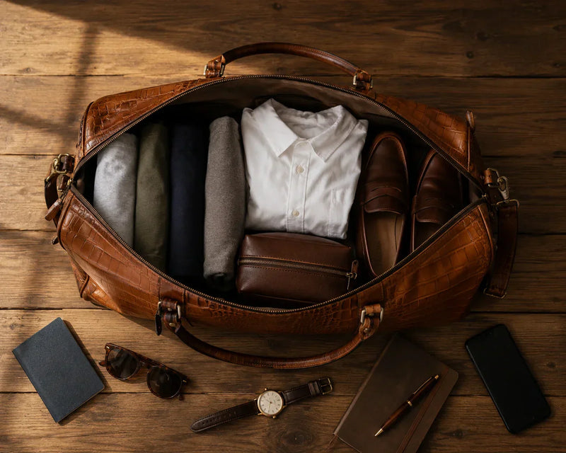 Brown leather duffle bag packed for a weekend trip with rolled clothes and a folded shirt — a full grain leather travel bag ready for a carry-on journey.