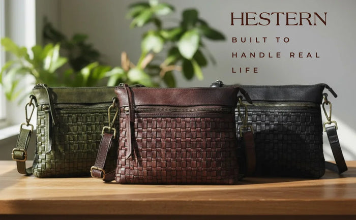 Woven Elegance Leather Handbag - Black Colour
