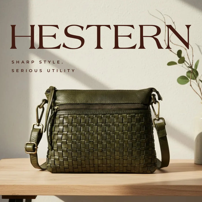 Woven Elegance Leather Handbag - Olive Colour