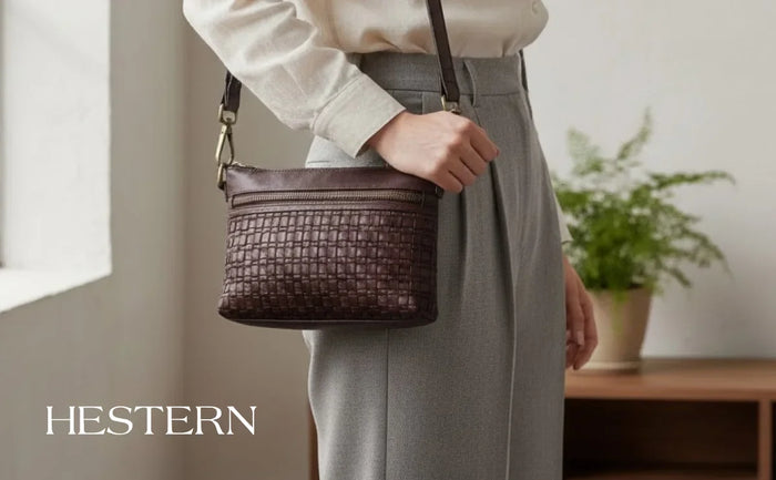 Woven Elegance Leather Handbag - Maroon colour