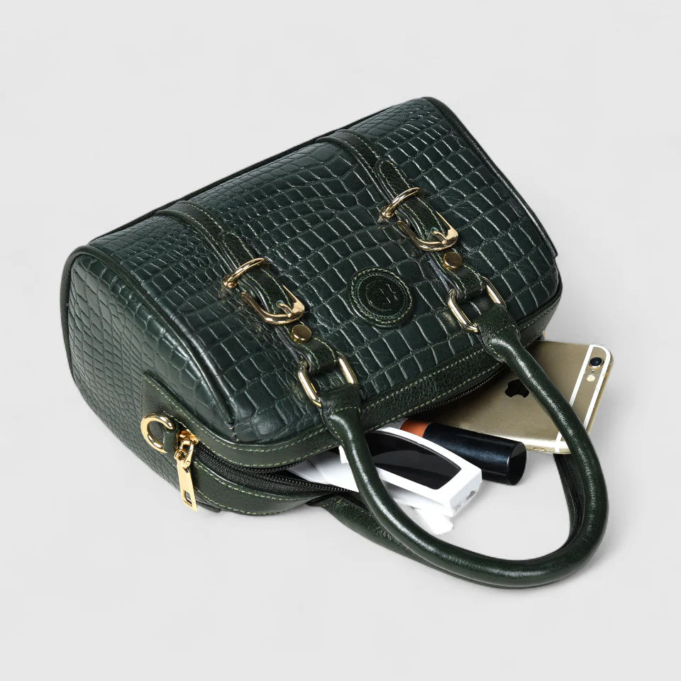 Emerald Luxe Croc Satchel Bag - Rich Green