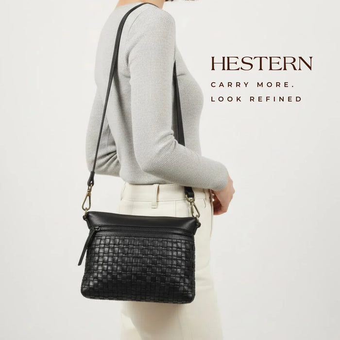 Woven Elegance Leather Handbag - Black Colour