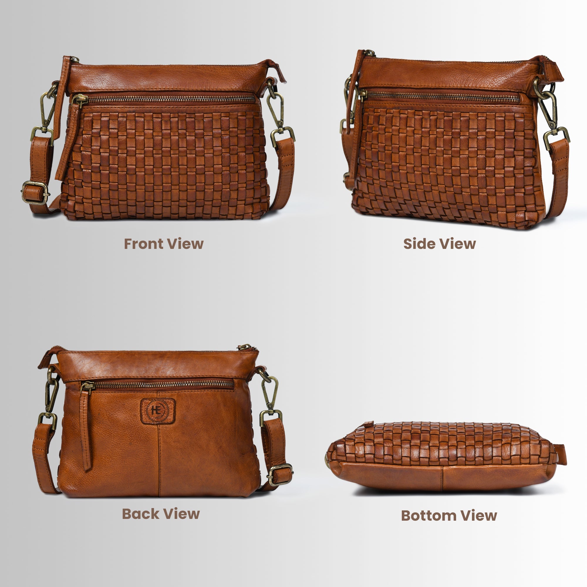 Woven Elegance Leather Handbag - Tan Colour