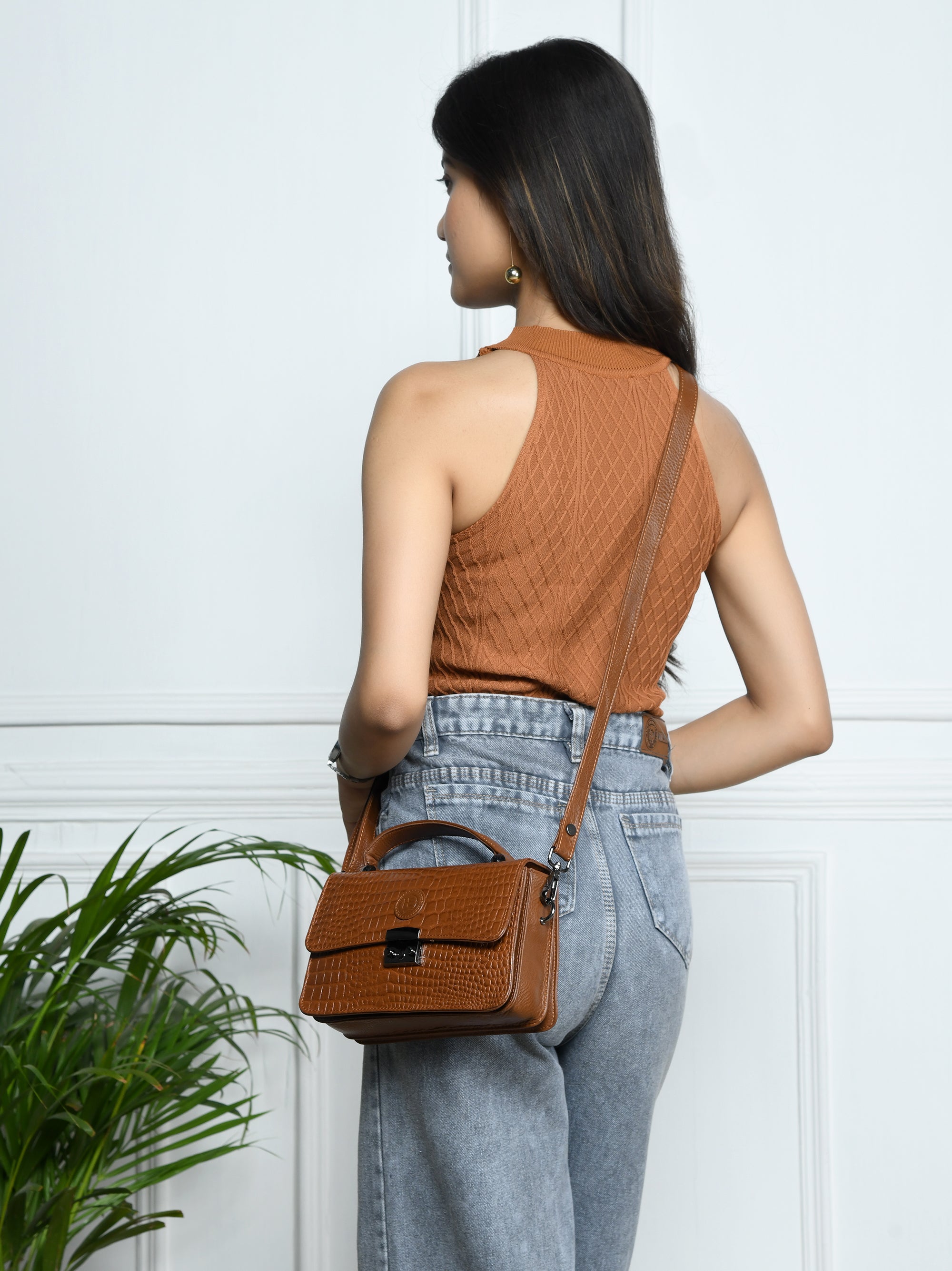 Imperial Croc Luxe Satchel Bag - Brown Colour