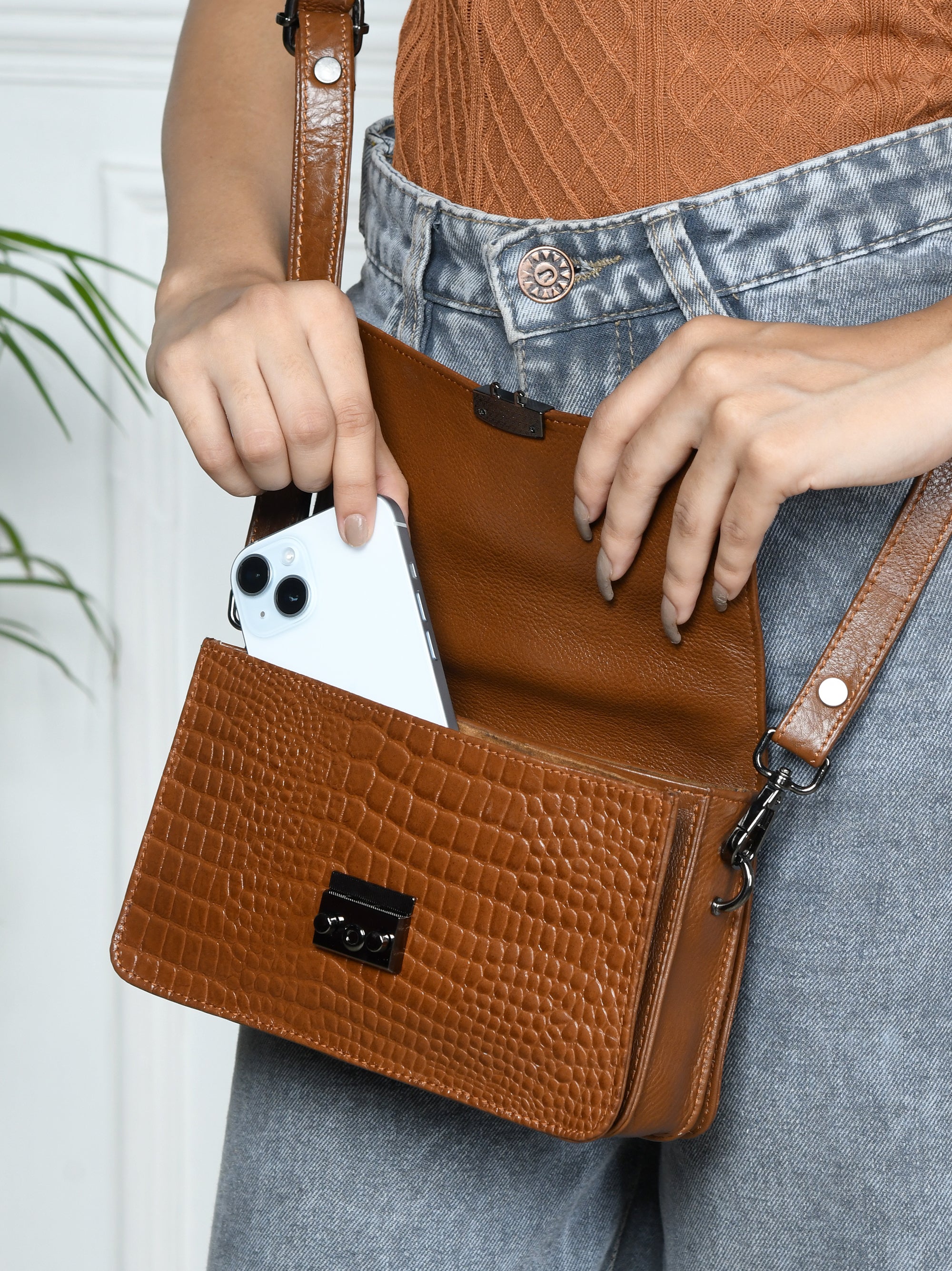 Imperial Croc Luxe Satchel Bag - Brown Colour