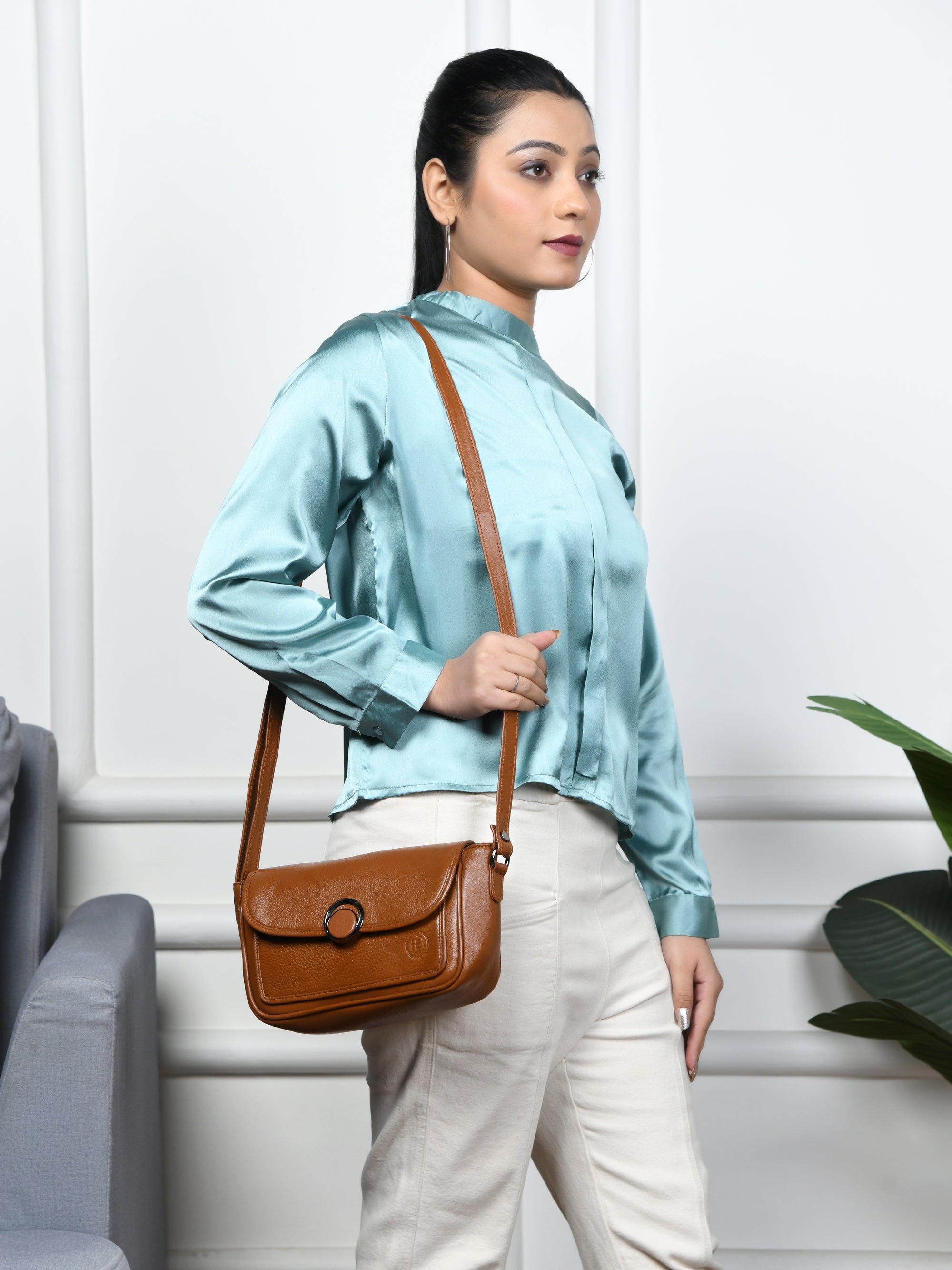 Verdant Elegance Women's Leather Handbag - Maroon Colour