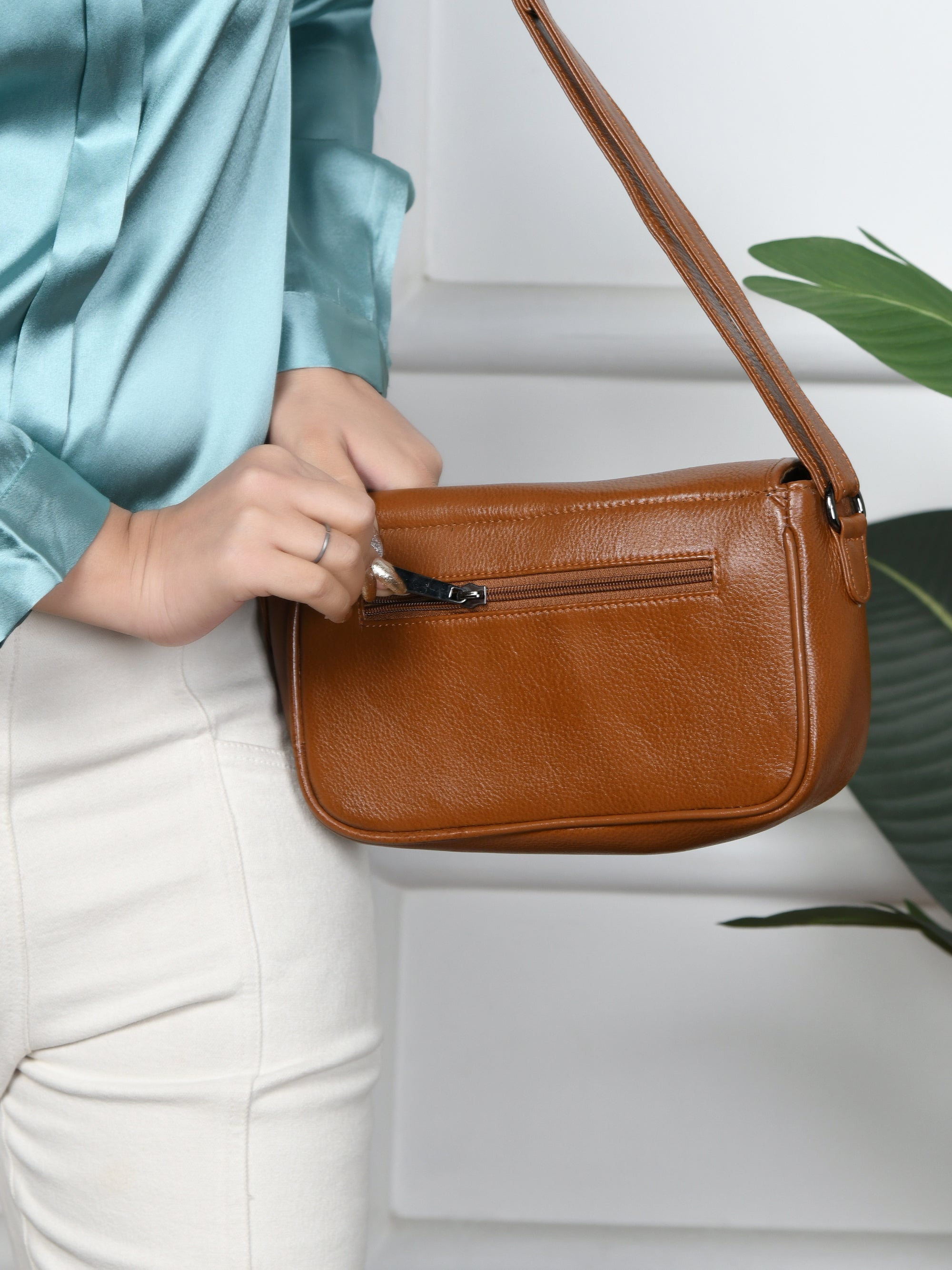 Verdant Elegance Women's Leather Handbag - Tan Colour