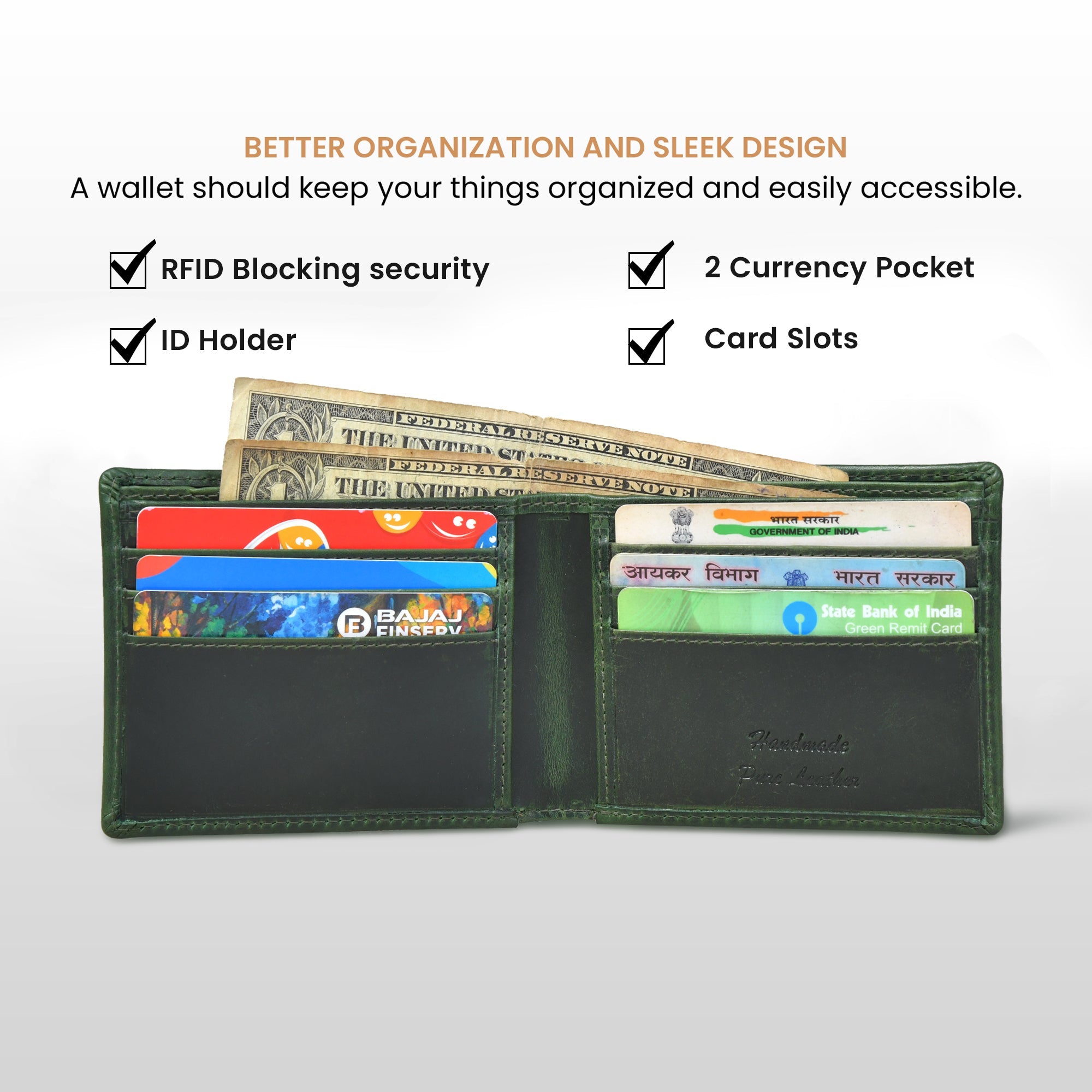 Timeless Leather Wallet | Handcrafted RFID-Blocking Bifold -Rich Green