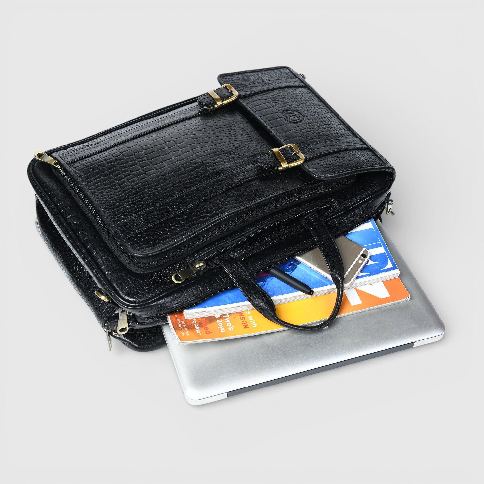 Heritage Voyager Convertible Leather Backpack – Croco Textured Laptop Backpack & Briefcase | Black colour