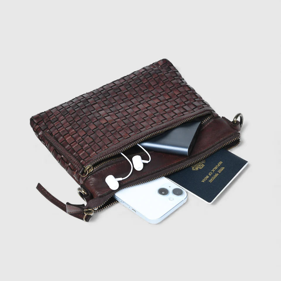 Woven Elegance Leather Handbag - Maroon colour