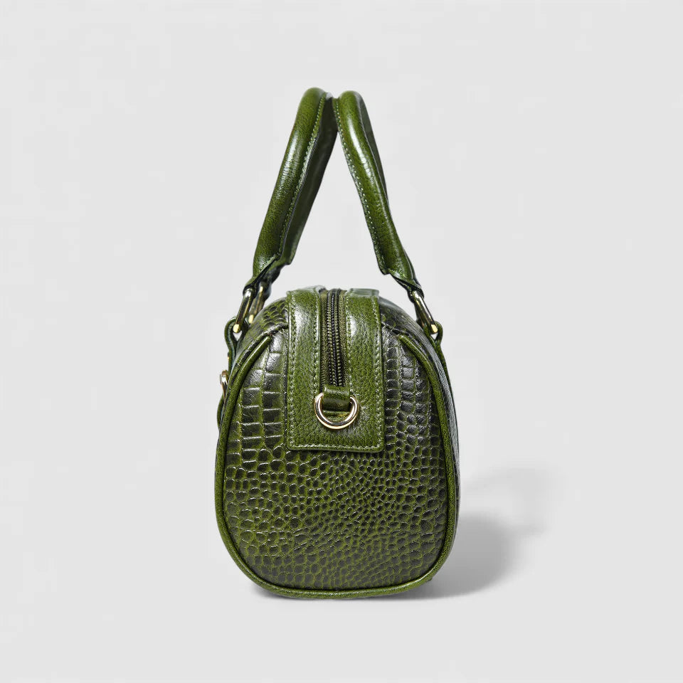 Emerald Luxe Croc Satchel Bag - Olive Colour
