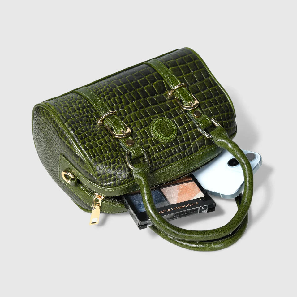 Emerald Luxe Croc Satchel Bag - Olive Colour