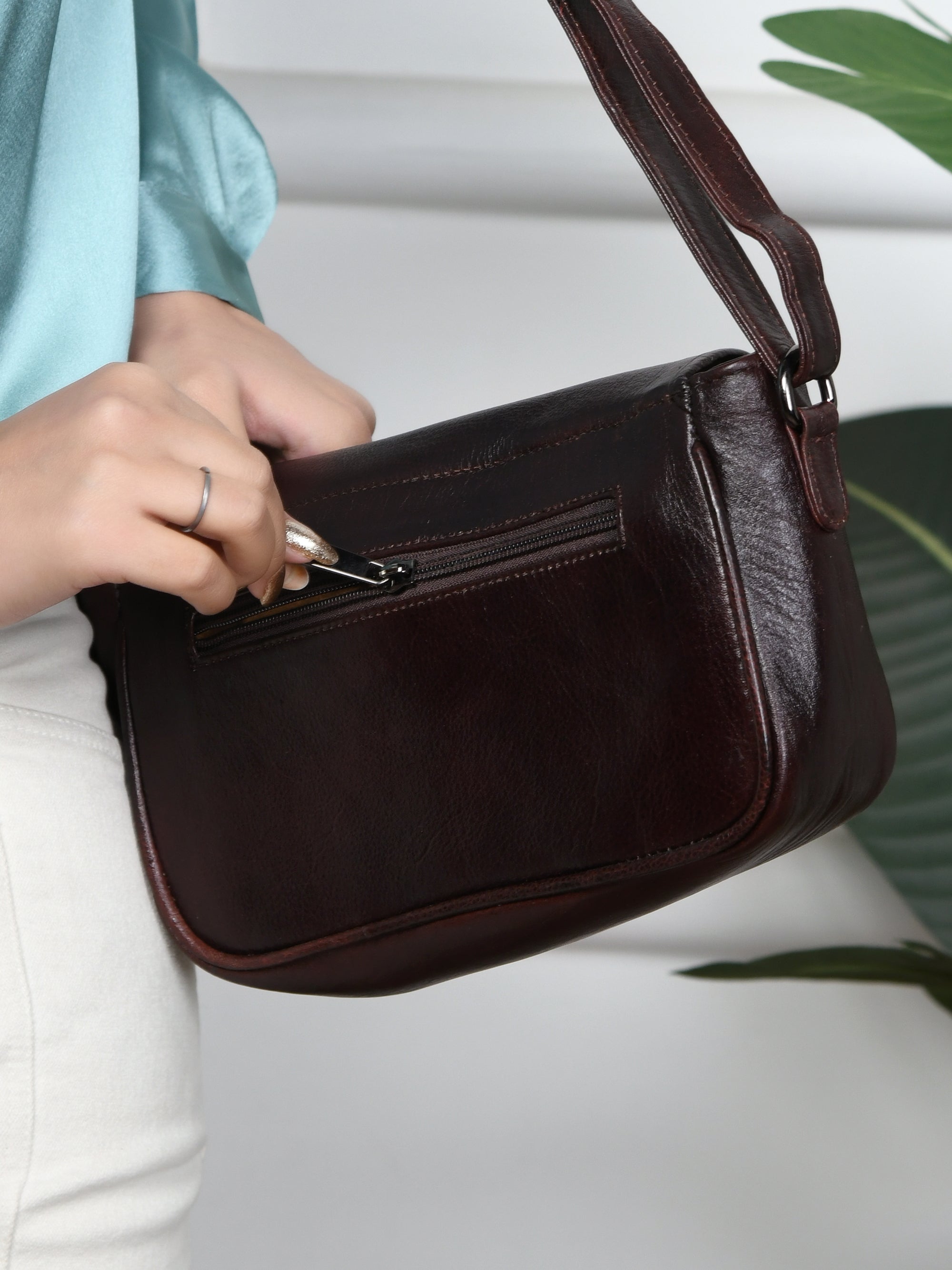 Verdant Elegance Women's Leather Handbag - Maroon colour