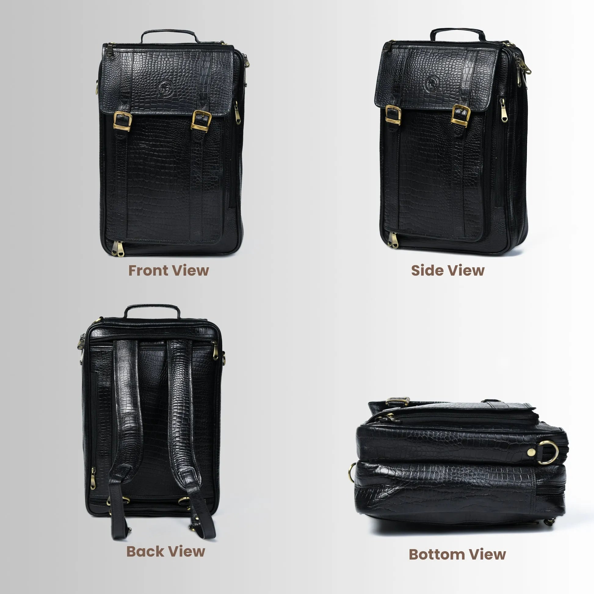 Heritage Voyager Convertible Leather Backpack – Croco Textured Laptop Backpack & Briefcase | Black colour