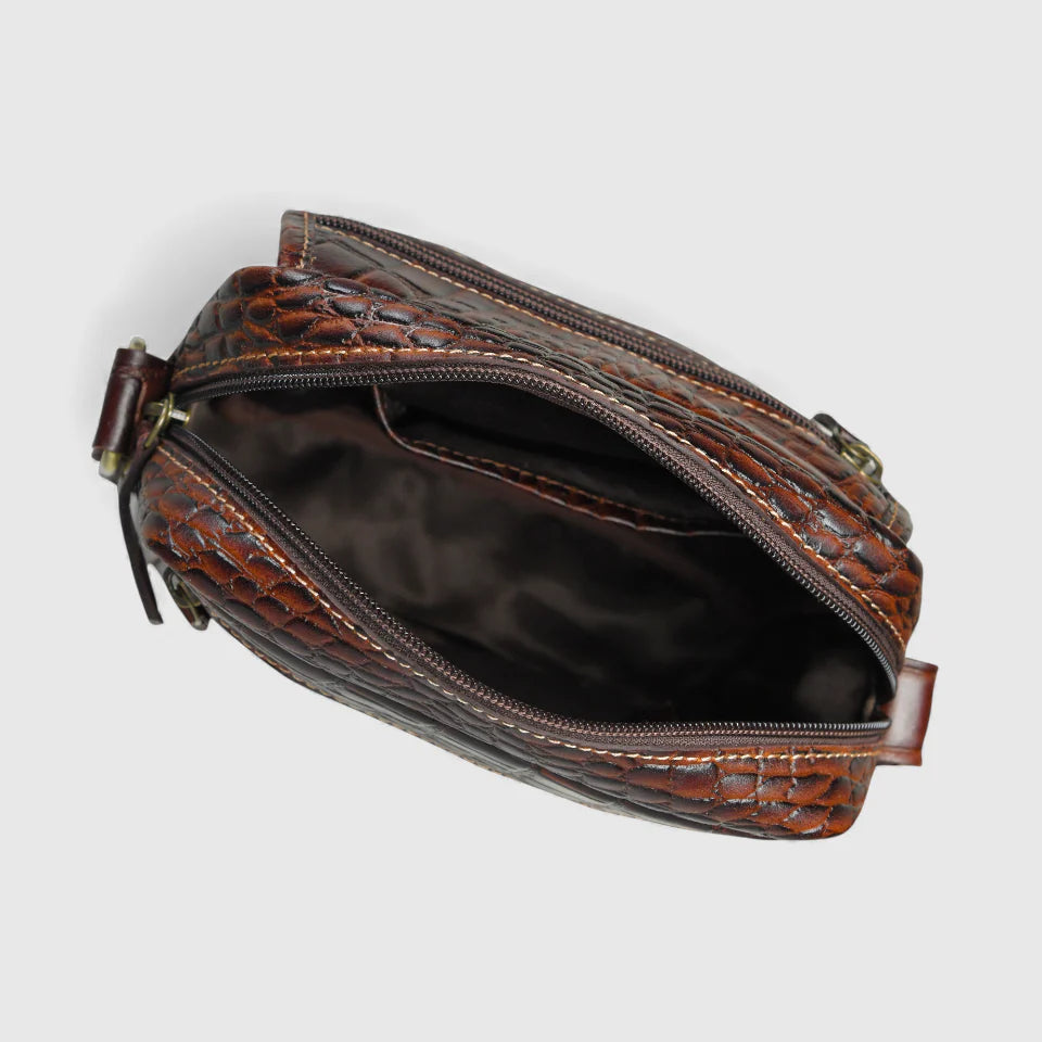 Croc-Embossed Vintage Leather Sling Bag