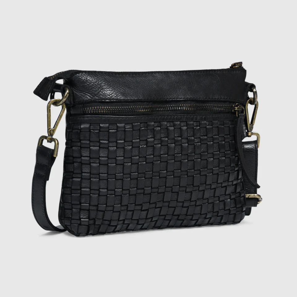 Woven Elegance Leather Handbag - Black Colour