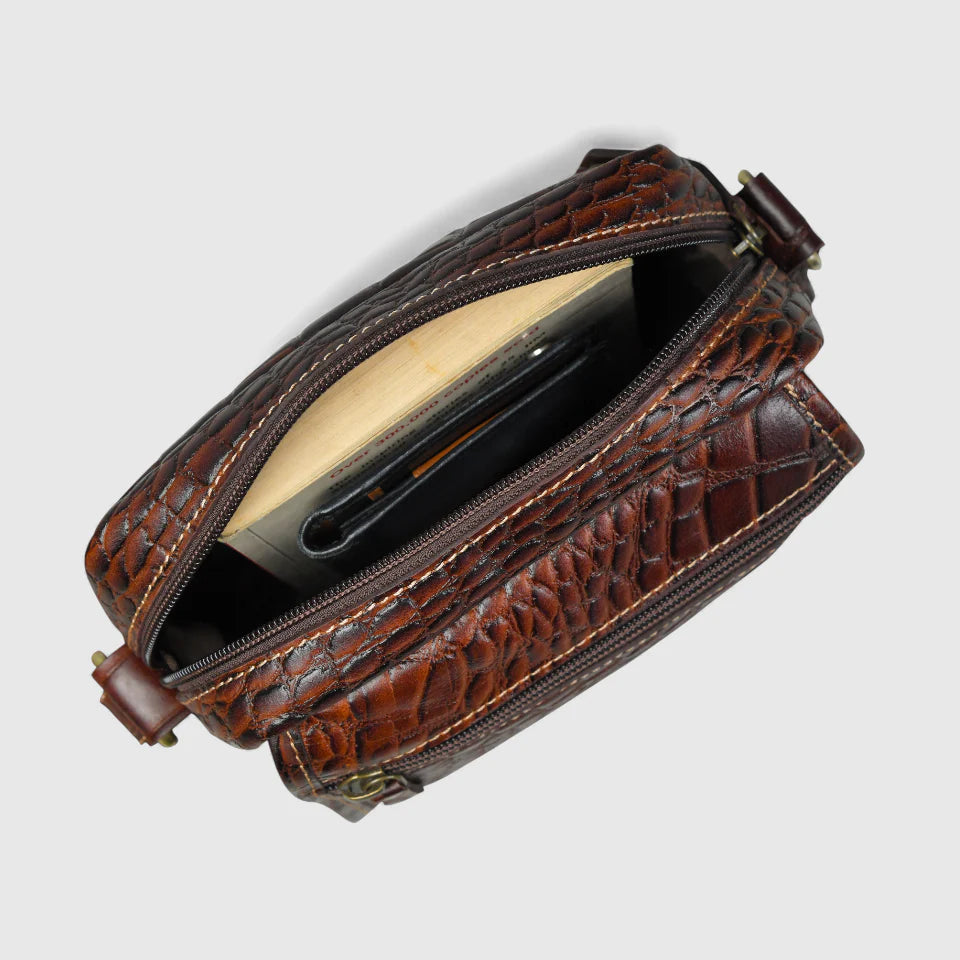 Croc-Embossed Vintage Leather Sling Bag