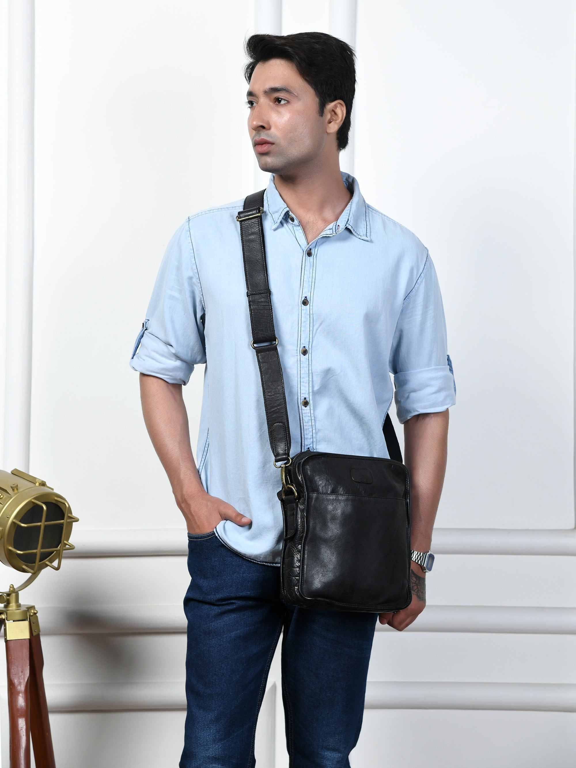 Verdant Trail Leather Sling Bag – Black Colour