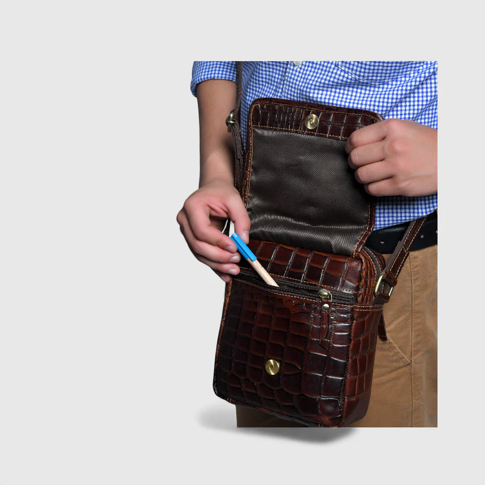 Croc-Embossed Vintage Leather Sling Bag