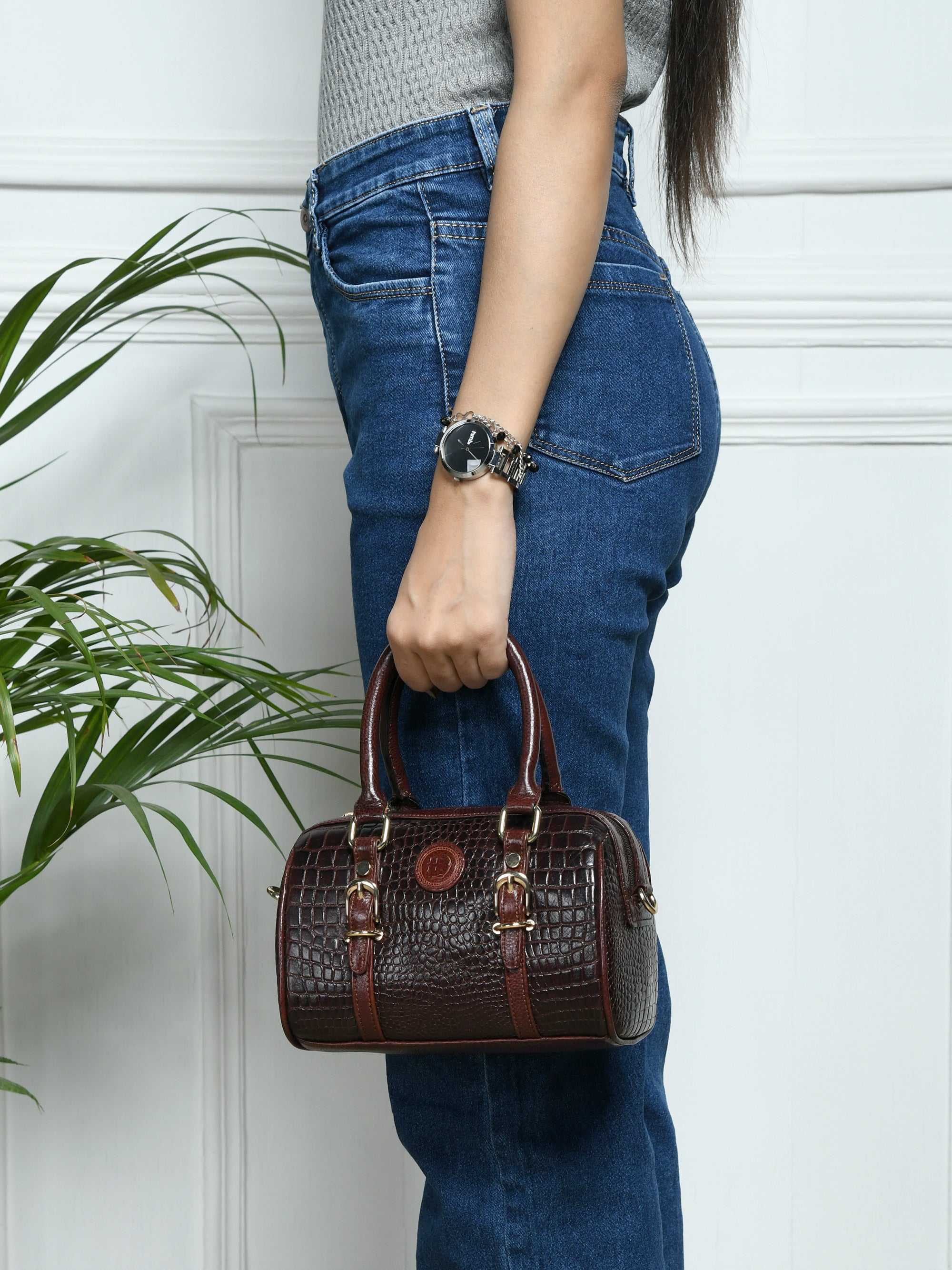 Emerald Luxe Croc Satchel Bag - Maroon colour
