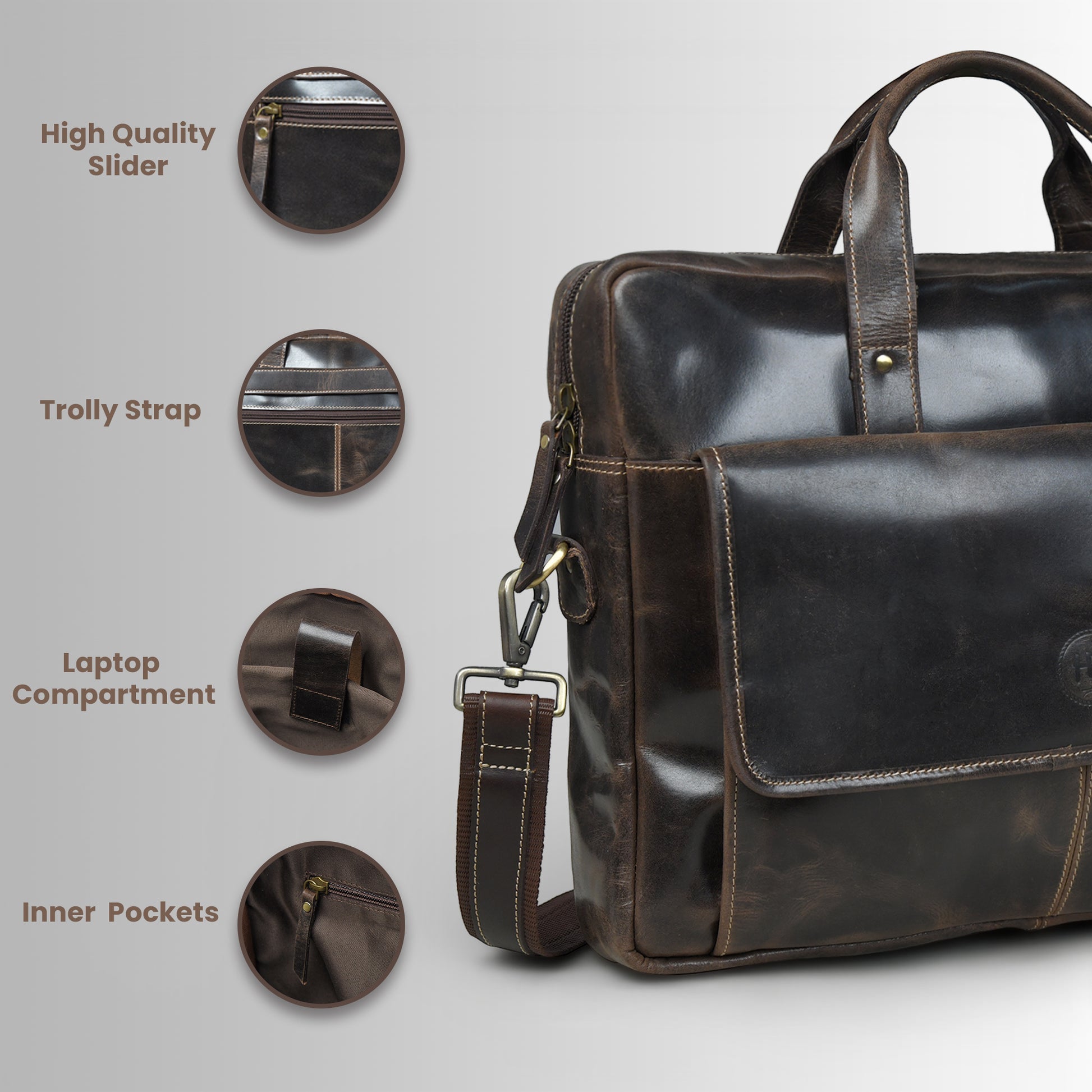 Commander Vintage Leather Laptop Briefcase – Convertible Office & Travel Messenger Bag| Espresso Brown