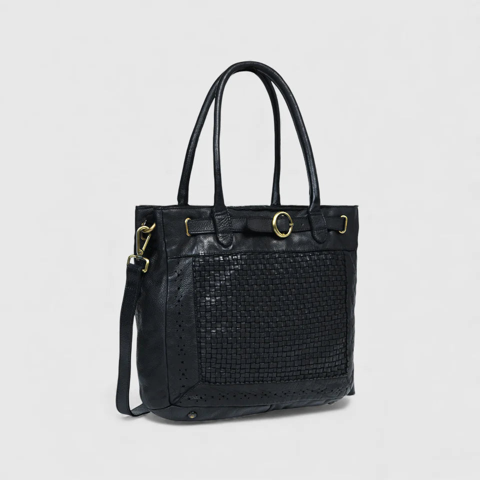 Vintage Woven Espresso Leather Women's Handbag - Black Colour