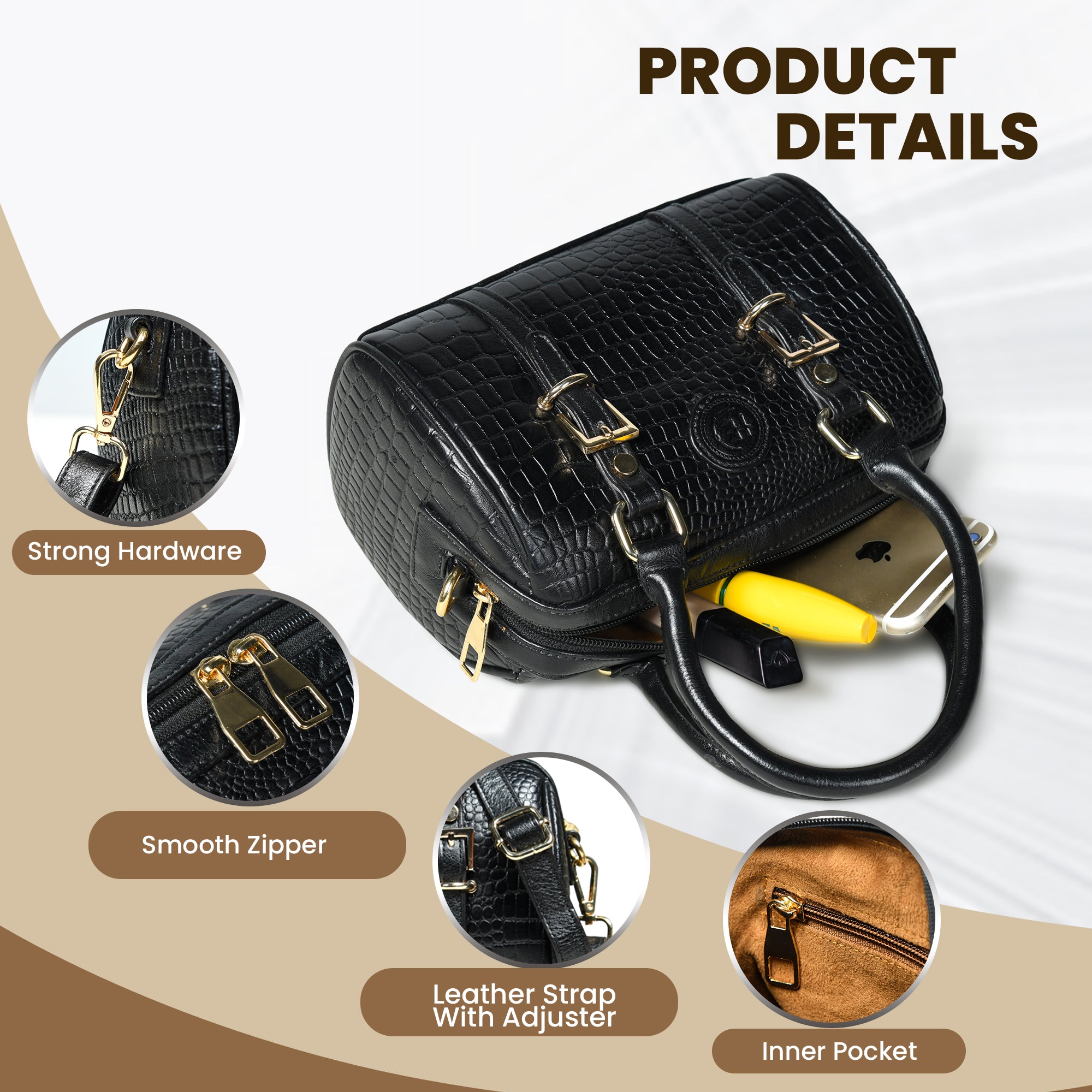 Emerald Luxe Croc Satchel Bag - Black Colour