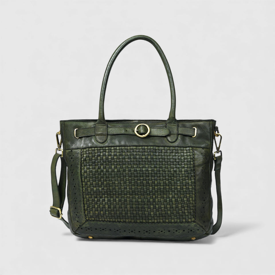 Vintage Woven Espresso Leather Women's Handbag - Olive Colour