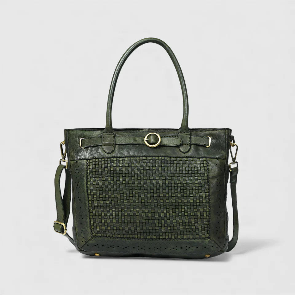 Vintage Woven Espresso Leather Women's Handbag - Olive Colour