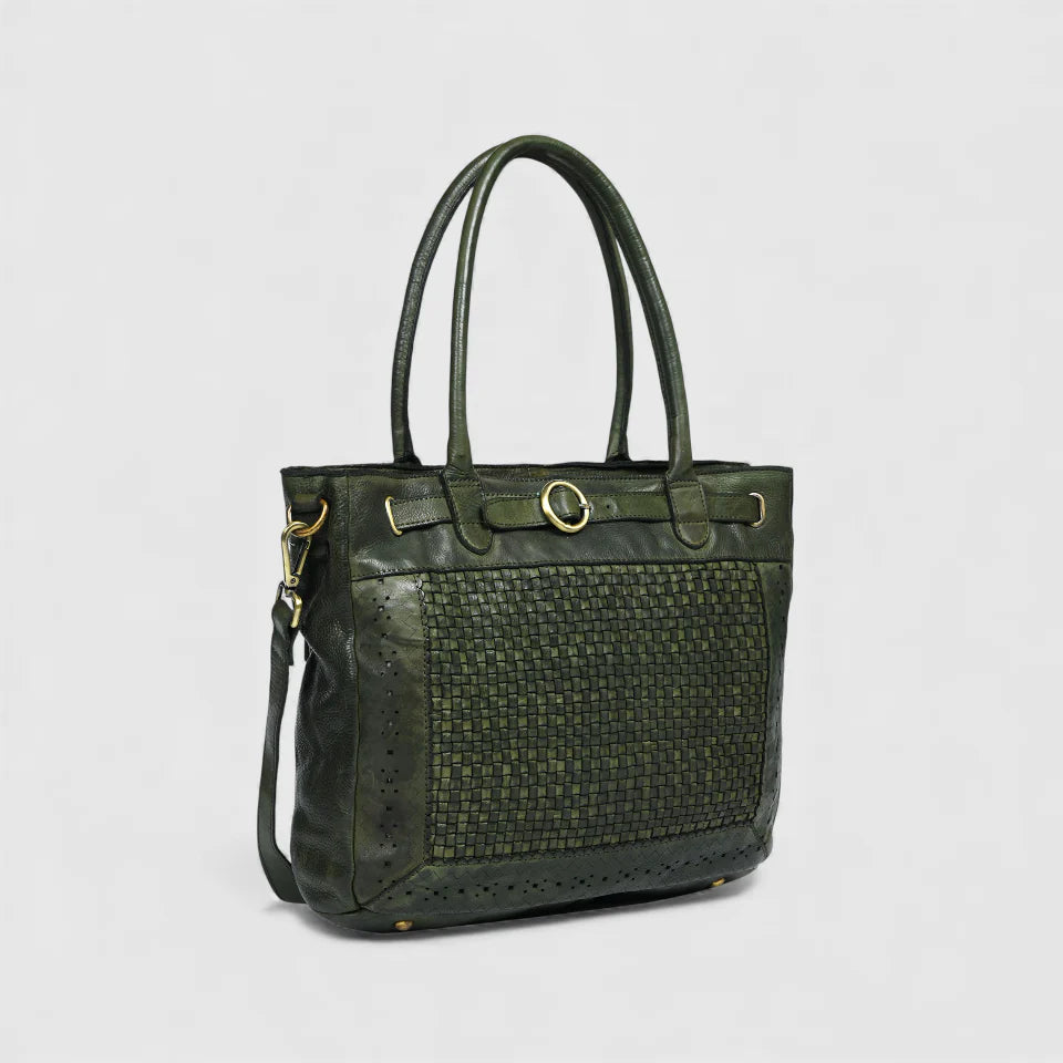 Vintage Woven Espresso Leather Women's Handbag - Olive Colour