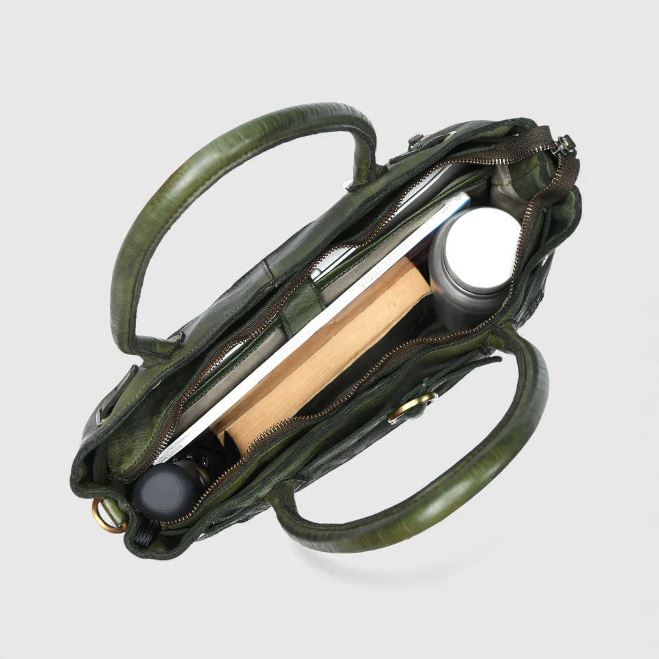 Vintage Woven Espresso Leather Women's Handbag - Olive Colour