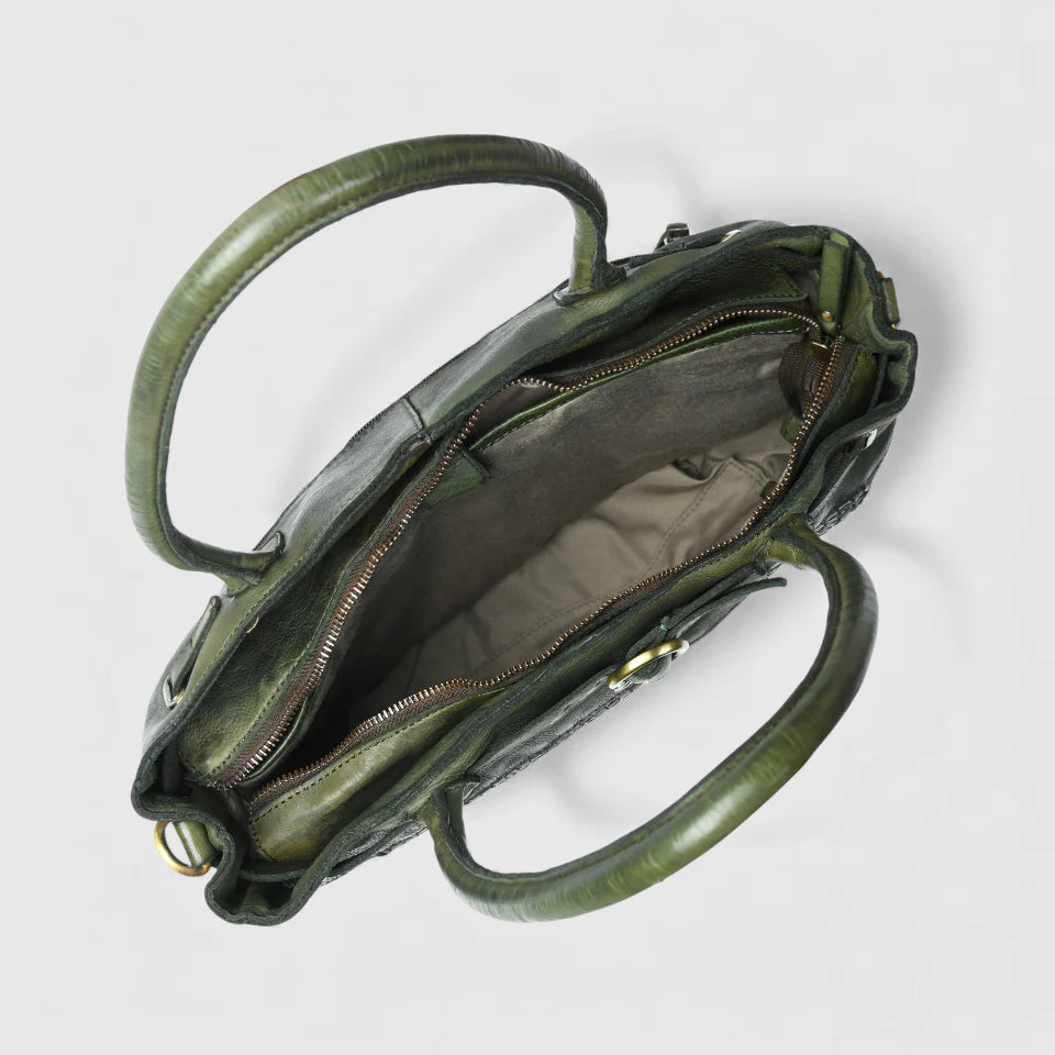 Vintage Woven Espresso Leather Women's Handbag - Olive Colour