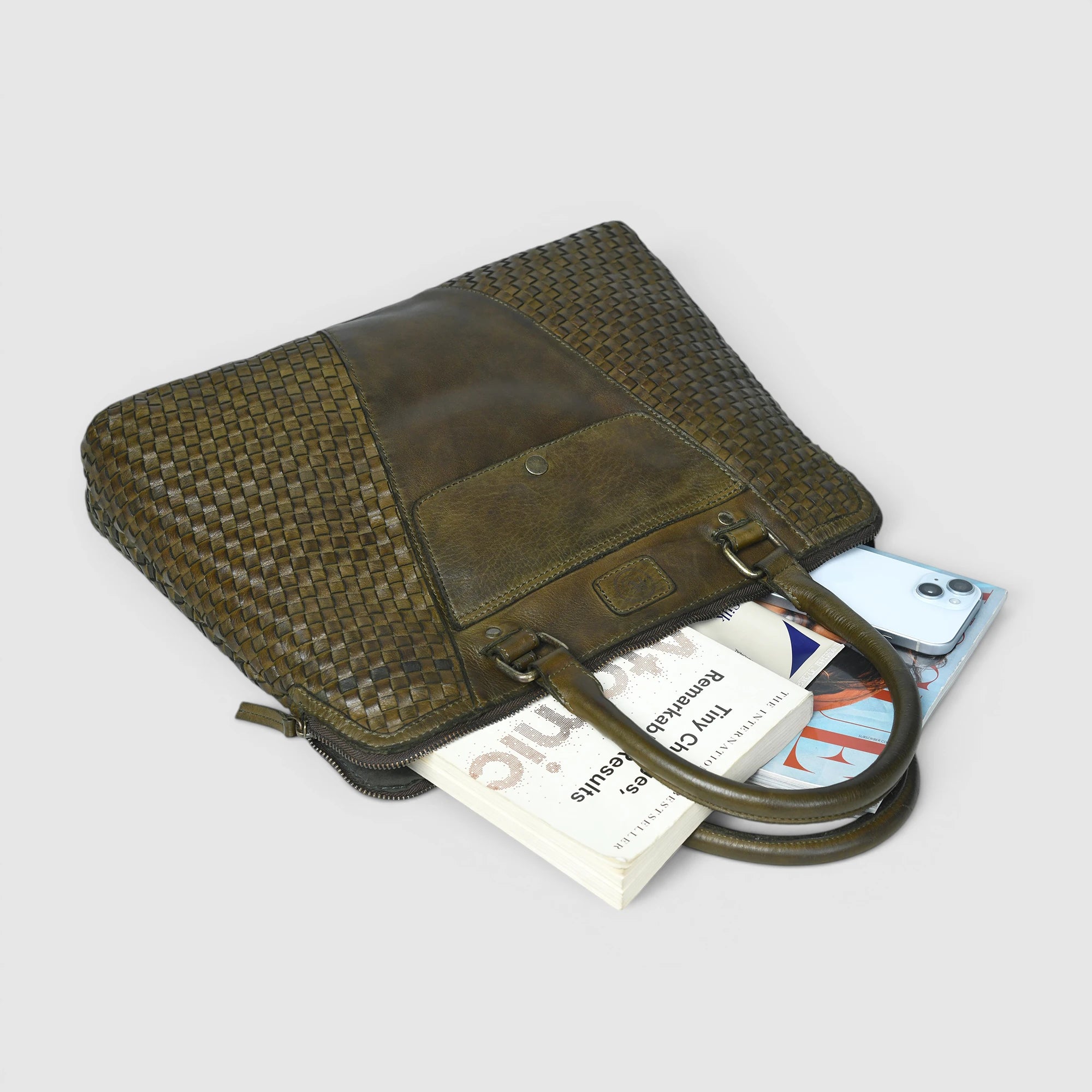 Verona Woven Leather Work Tote – Olive Green