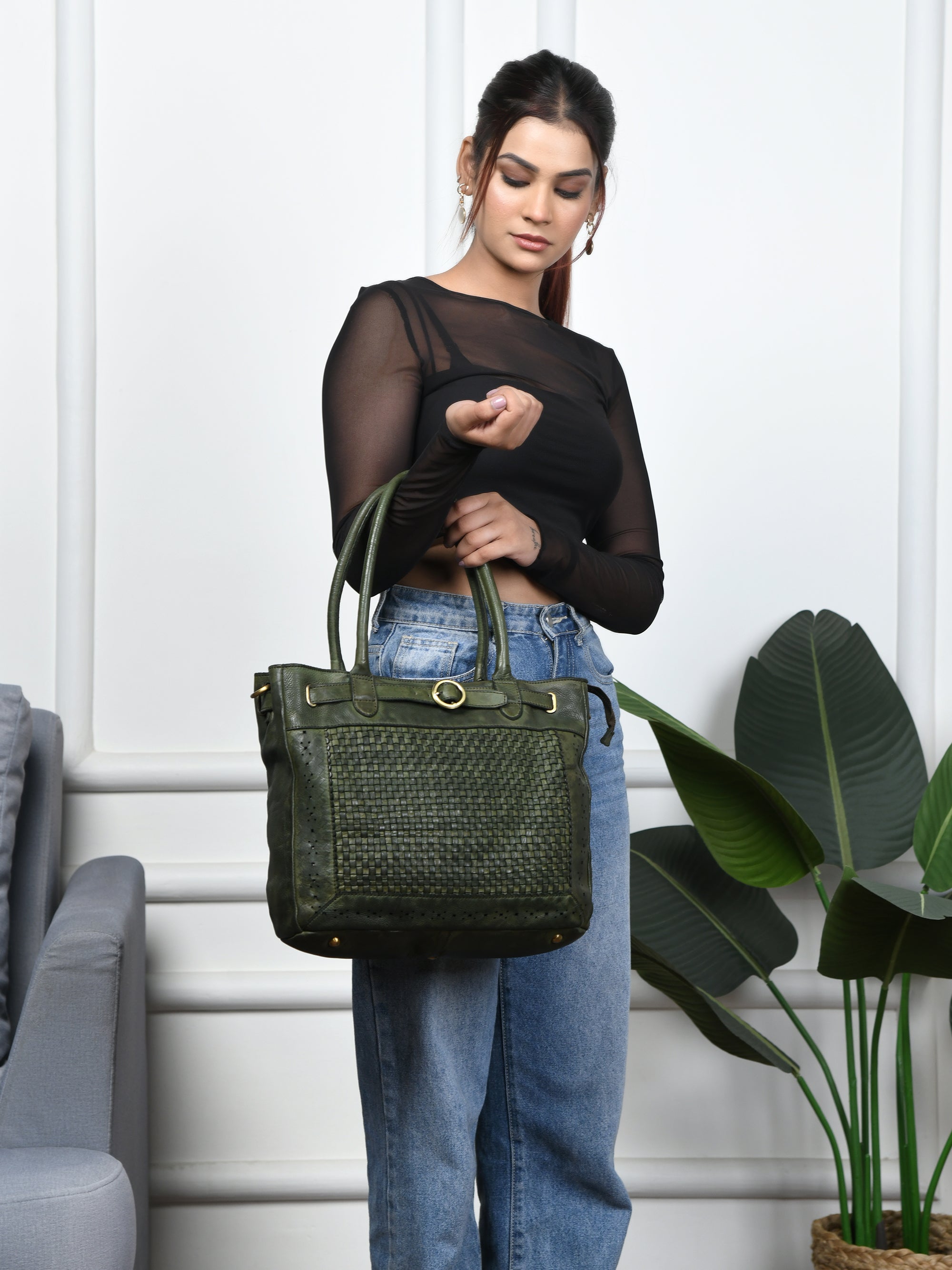 Vintage Woven Espresso Leather Women's Handbag - Olive Colour