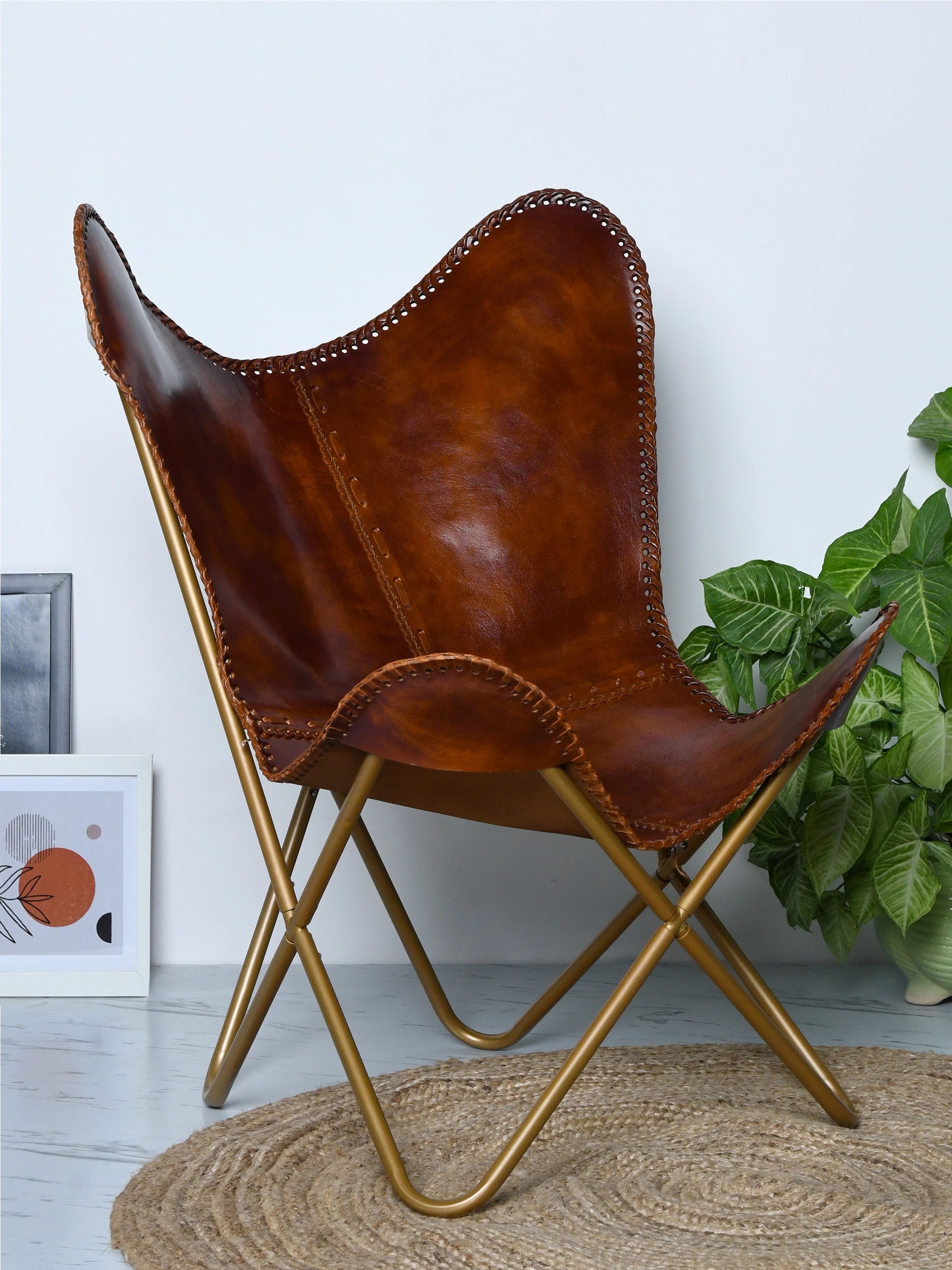 Hestern Maverick Buffalo Leather Butterfly Chair – Gold Frame