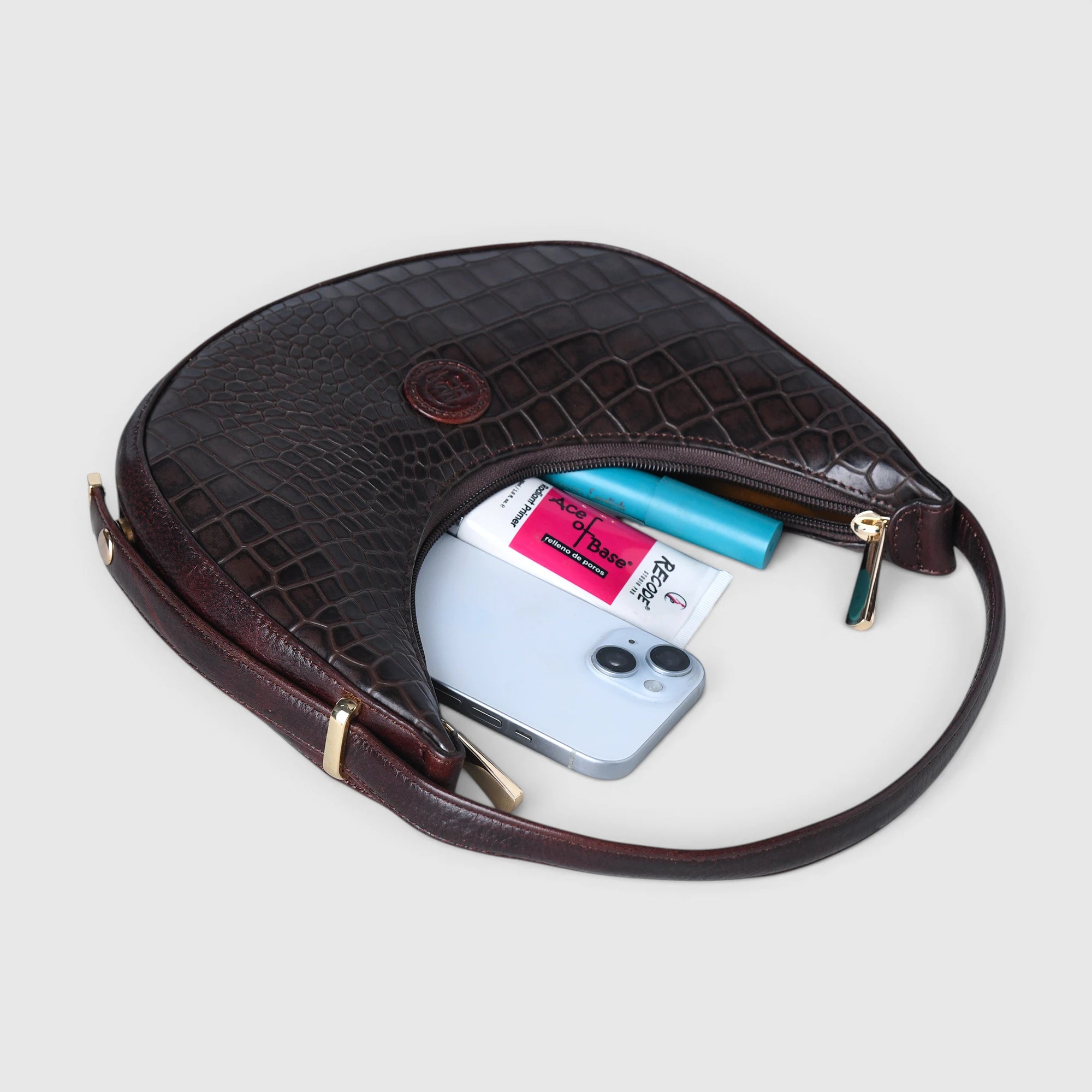 Noir Croco Vintage Crescent Shoulder Bag - Maroon colour