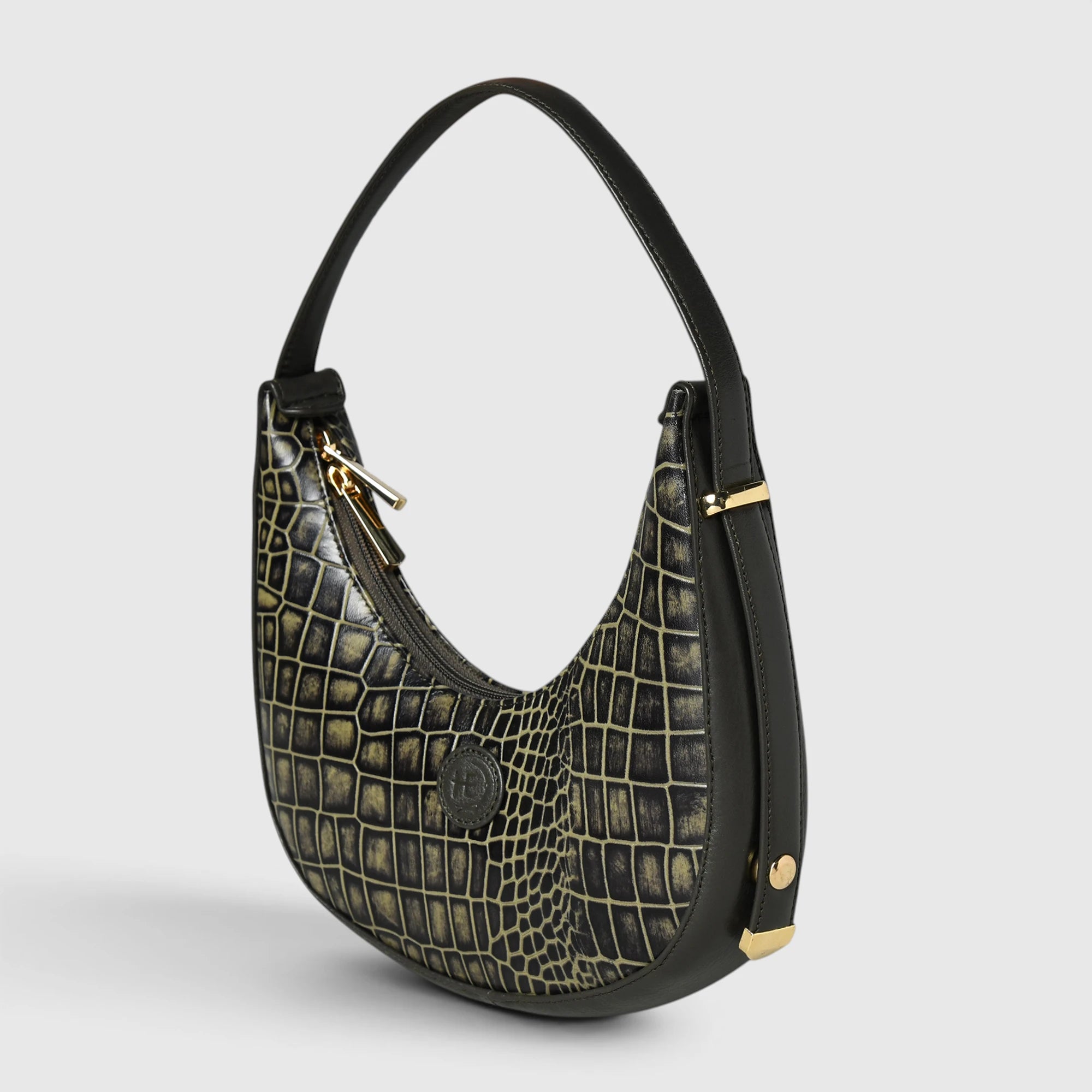 Noir Croco Vintage Crescent Shoulder Bag – Black Gold Colour