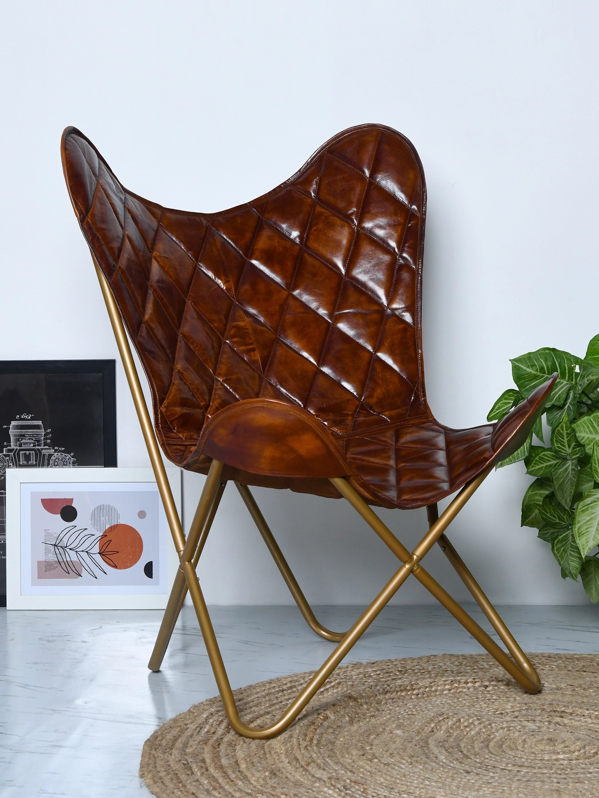 Hestern Aurelius Buffalo Leather Butterfly Chair – Gold Frame
