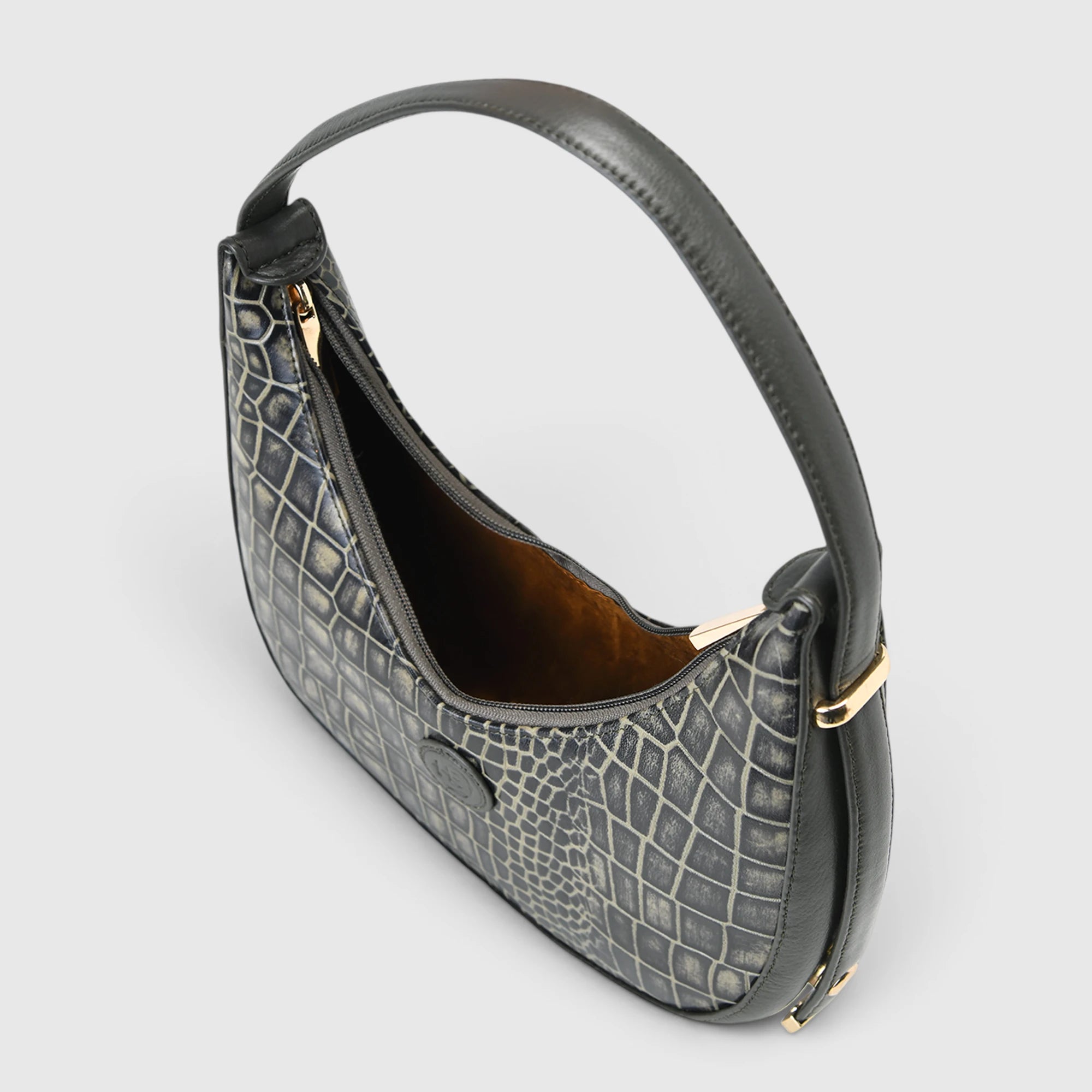 Noir Croco Vintage Crescent Shoulder Bag – Black Gold Colour