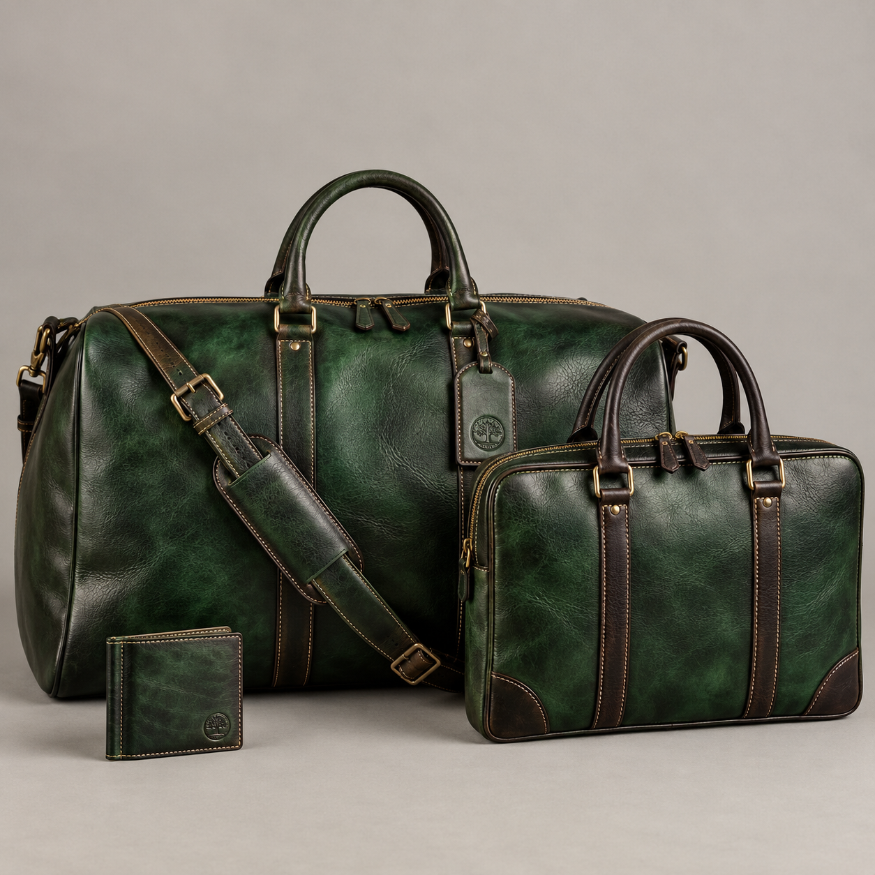 The Rich Green Collection — 3-Piece Leather Set | Travel Duffle + Laptop Bag + Money Clip Wallet