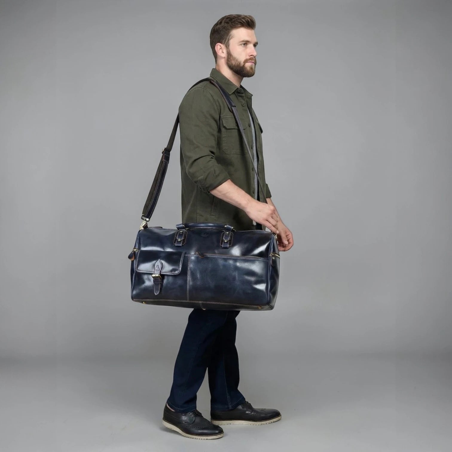 The Odyssey Leather Travel Duffle - Navy blue