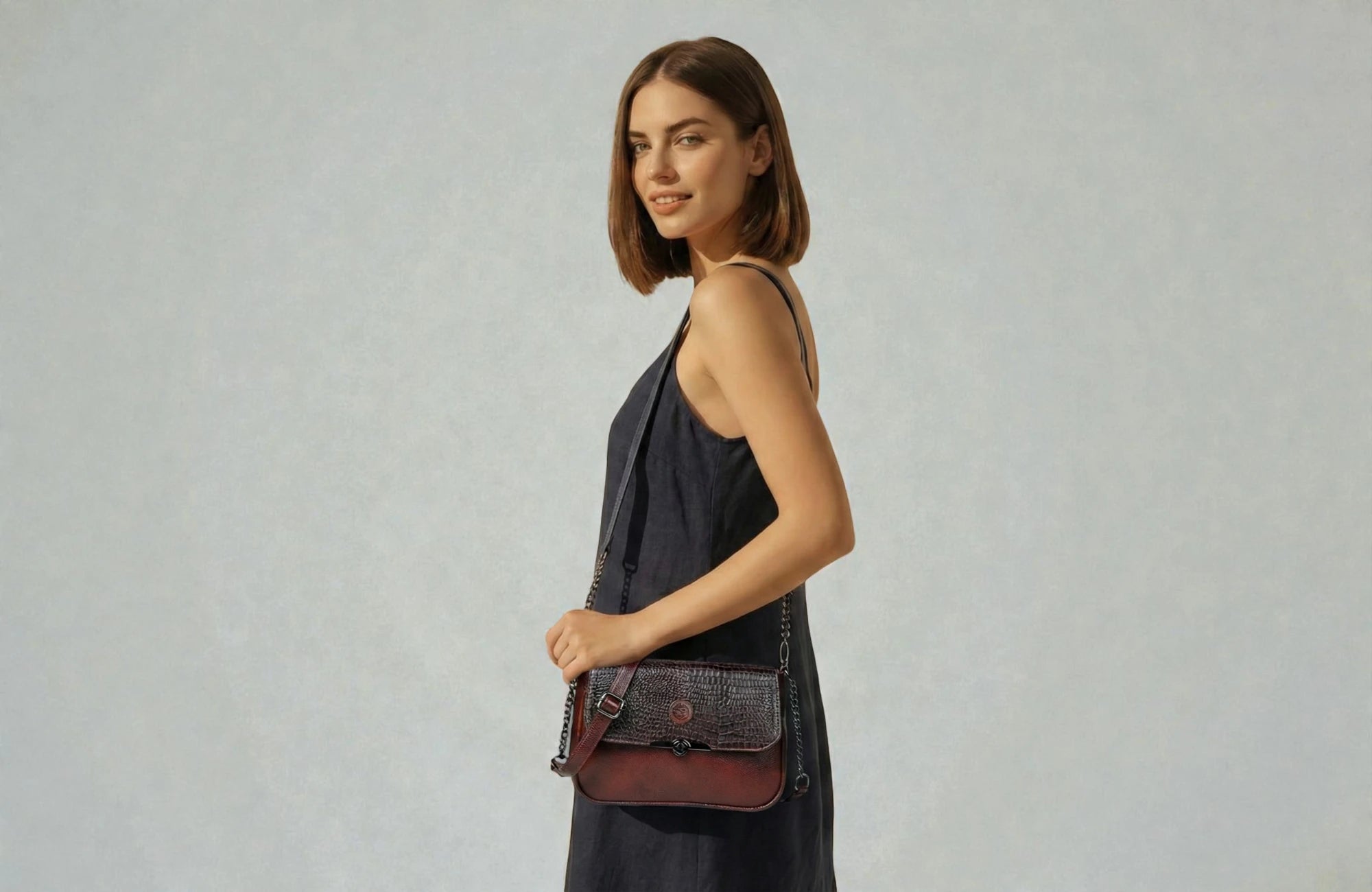 Regal Noir Croc Handbag - Maroon colour