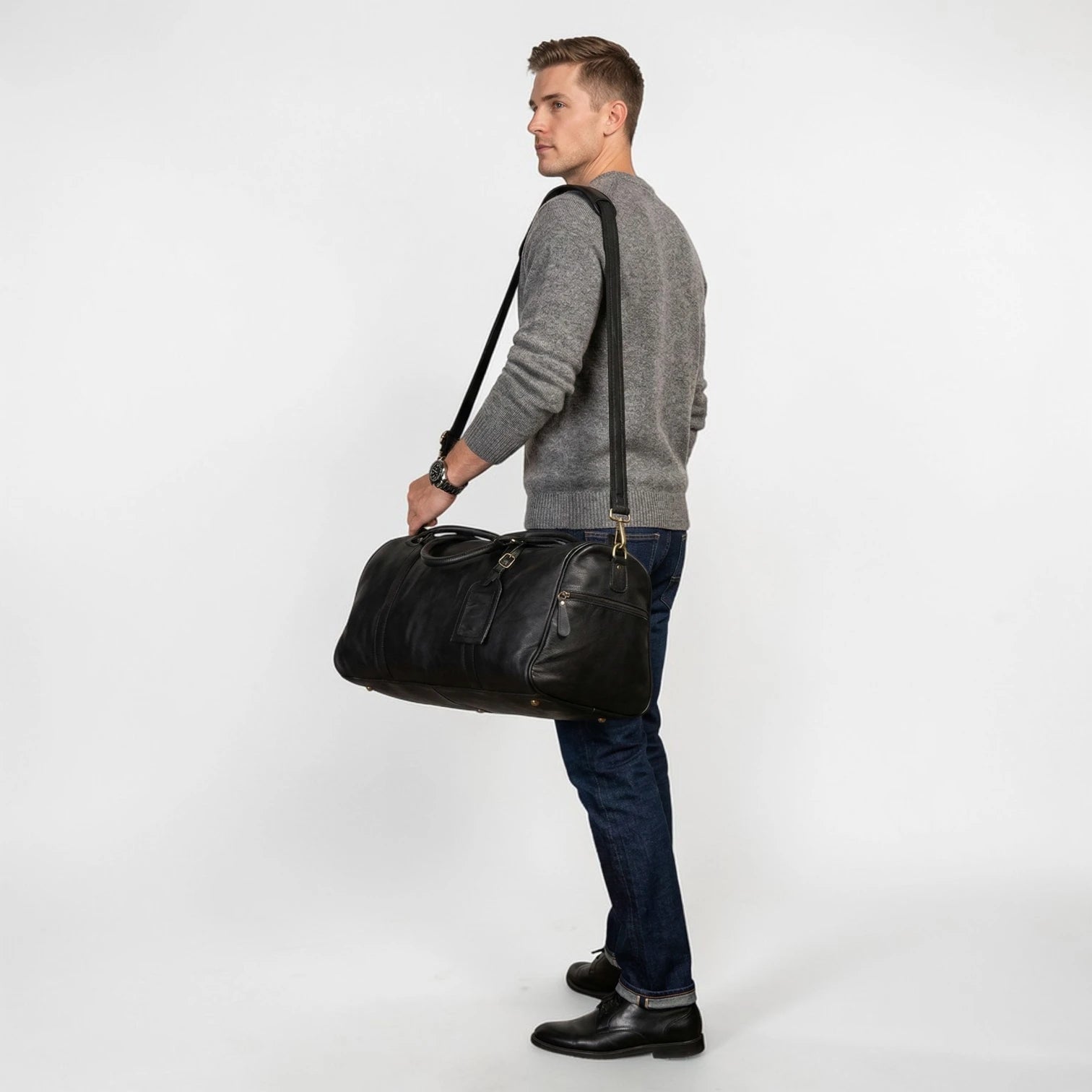 The Voyager Leather Travel Duffle Bag - Black Colour
