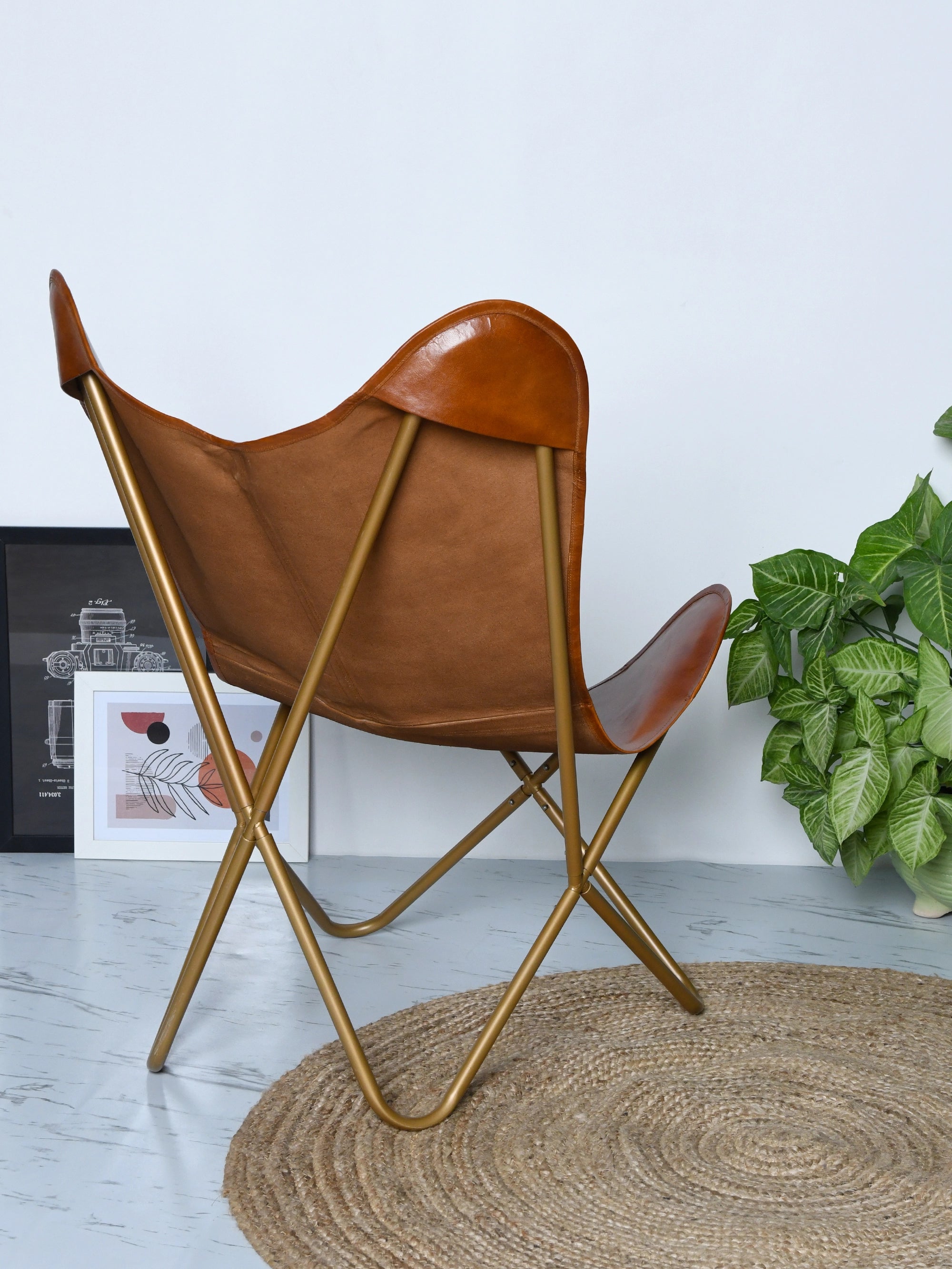 Genuine Goat Leather Butterfly Chair - Gold Frame