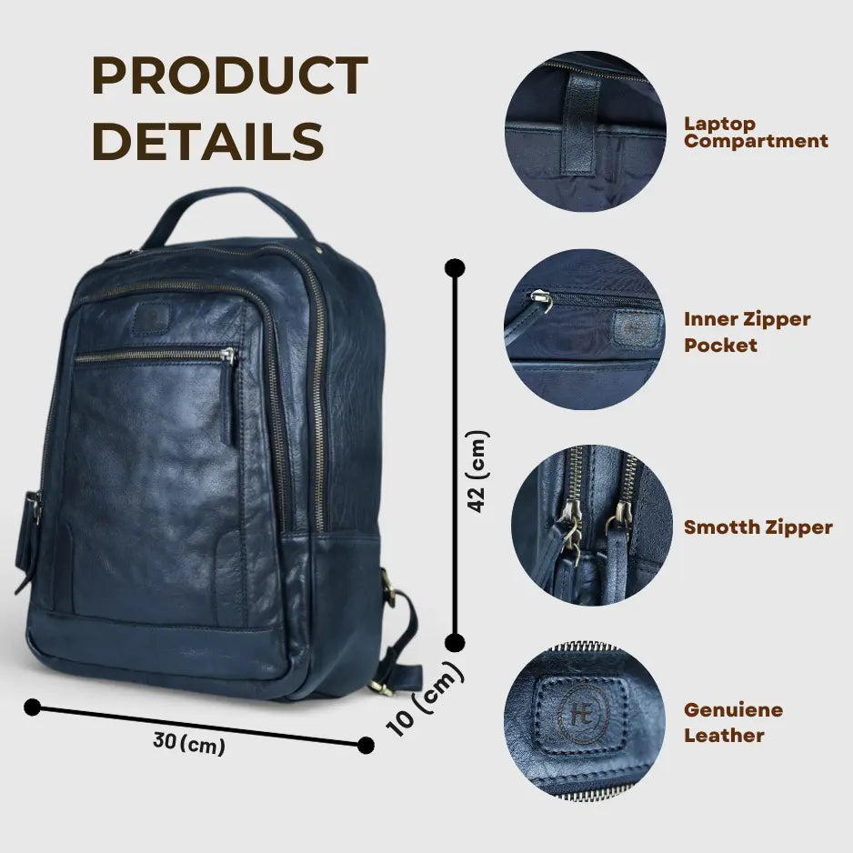 Hestern Trailmark Leather Backpack – Midnight Blue